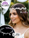 Tiara frontal plateada con hojas y cristal colgante